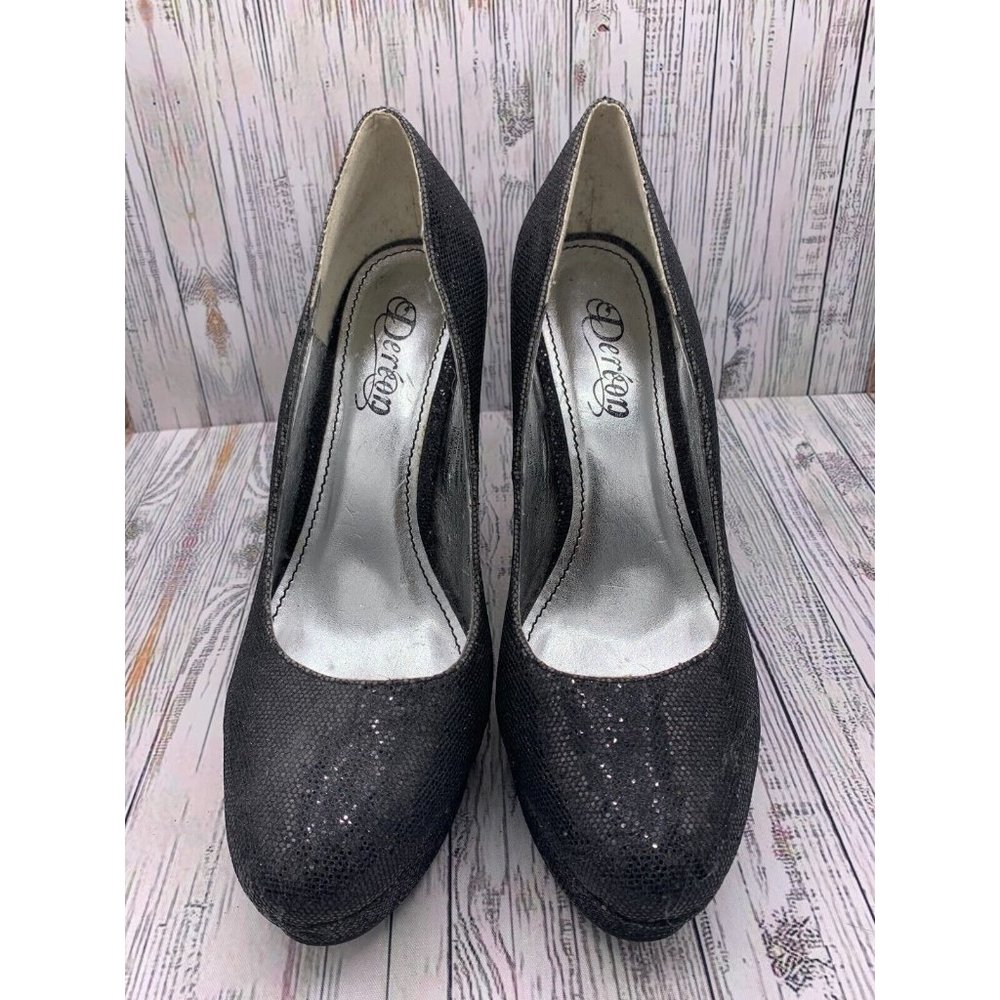 Dereon Womens Black Glitter Platform Pumps Fleur De Lis Size 10 Shoes